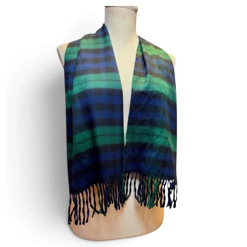 100% Cashmere Black Watch Plaid Scarf Made in Scotland Fringe